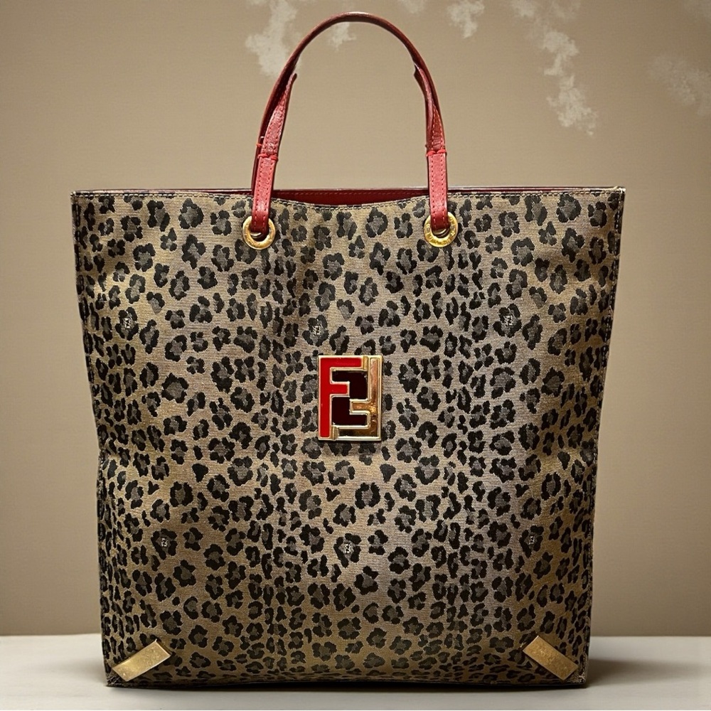 Fendi Leopard Print Tote w/ Red Leather Handles & FF Logo